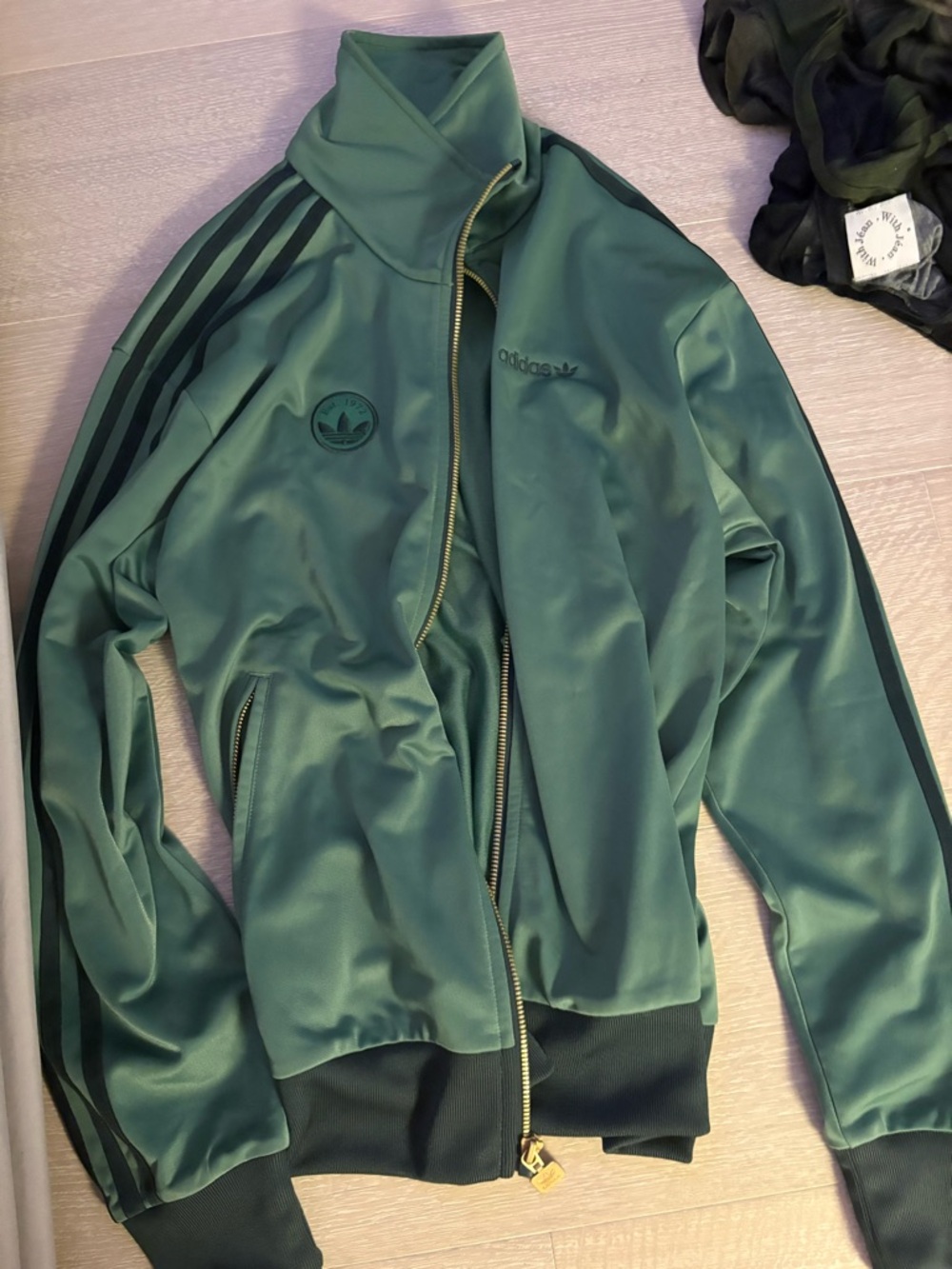 adidas Green Track Jacket with Dark Stripe Accents and Gold Zip